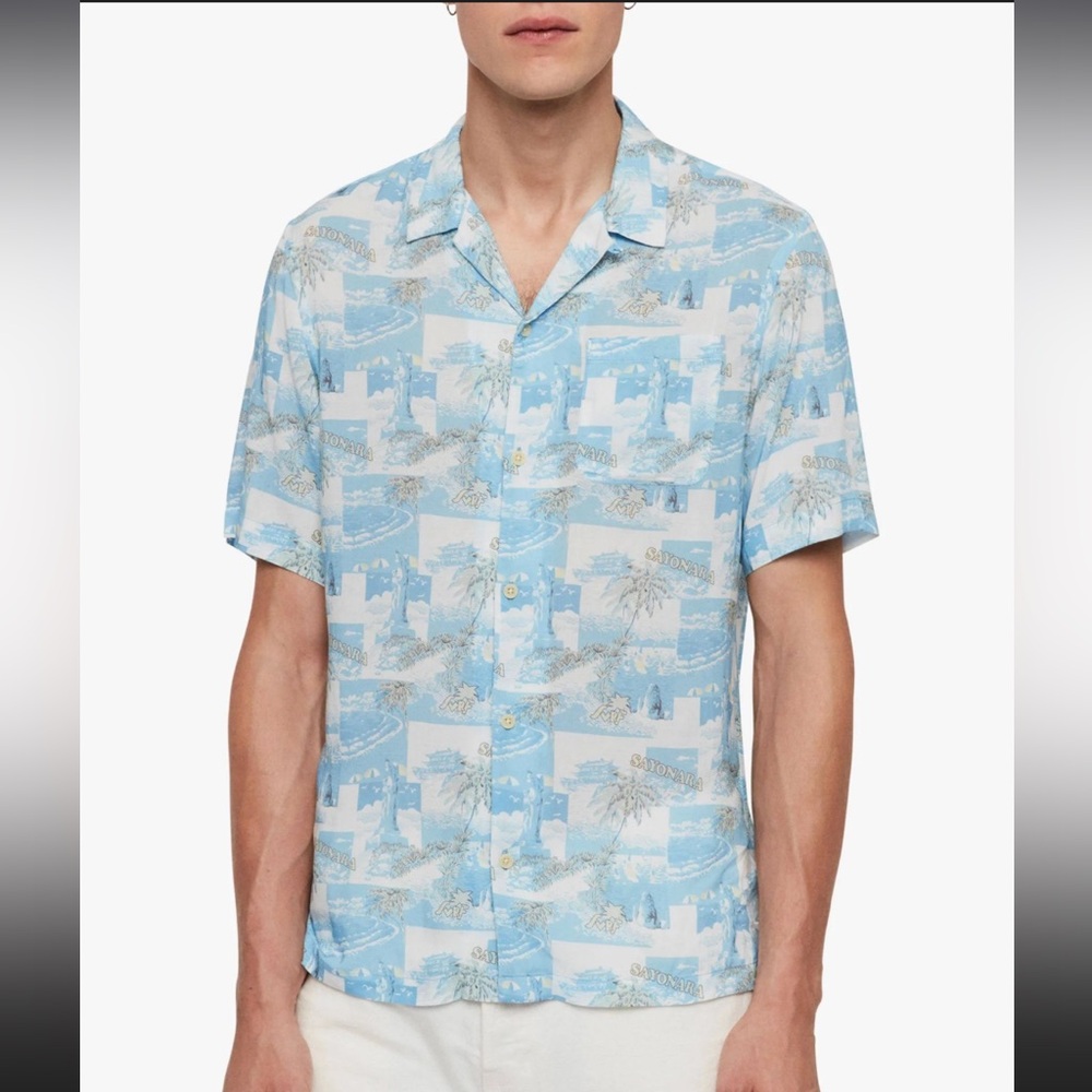 All Saints Sayonara Button Down Short Sleeve Shirt XL Aqua Blue